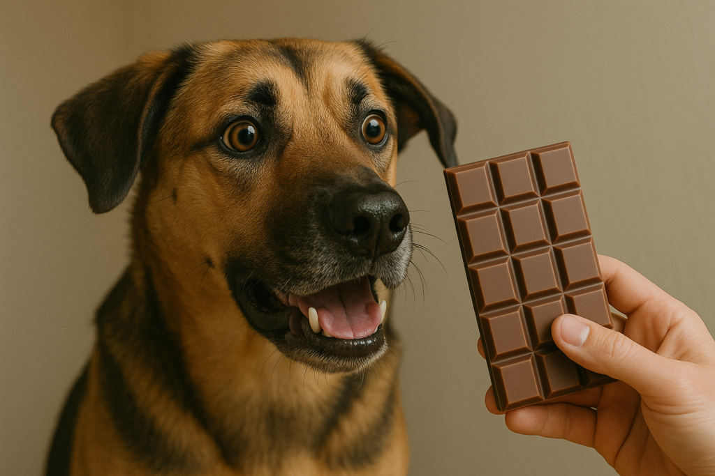 chien attentif à une tablette de chocolat