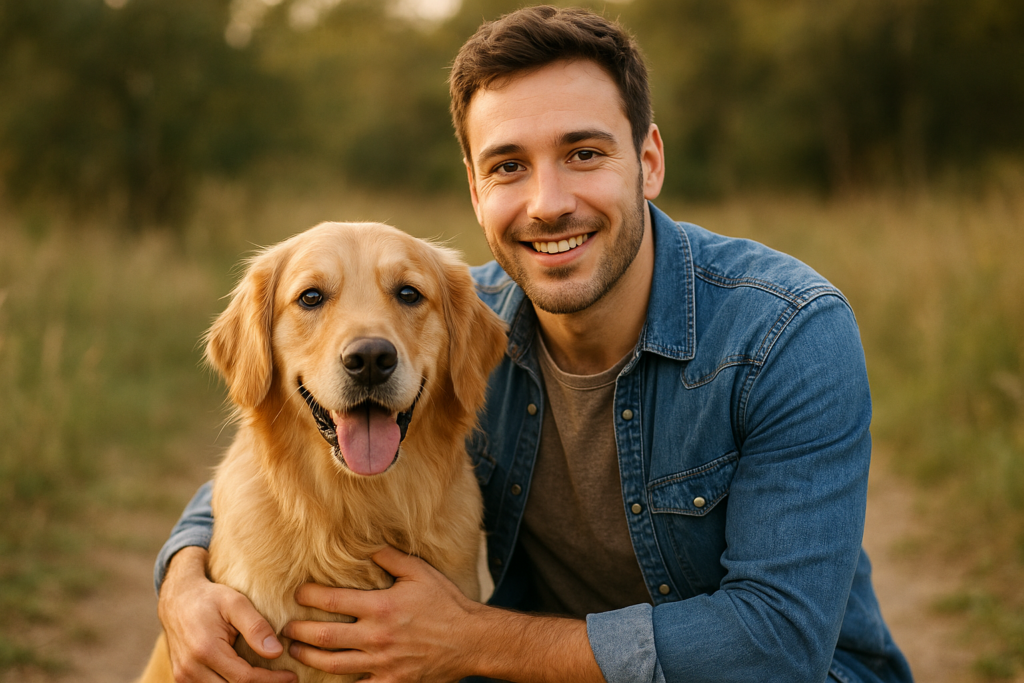 homme et chien au coucher du soleil